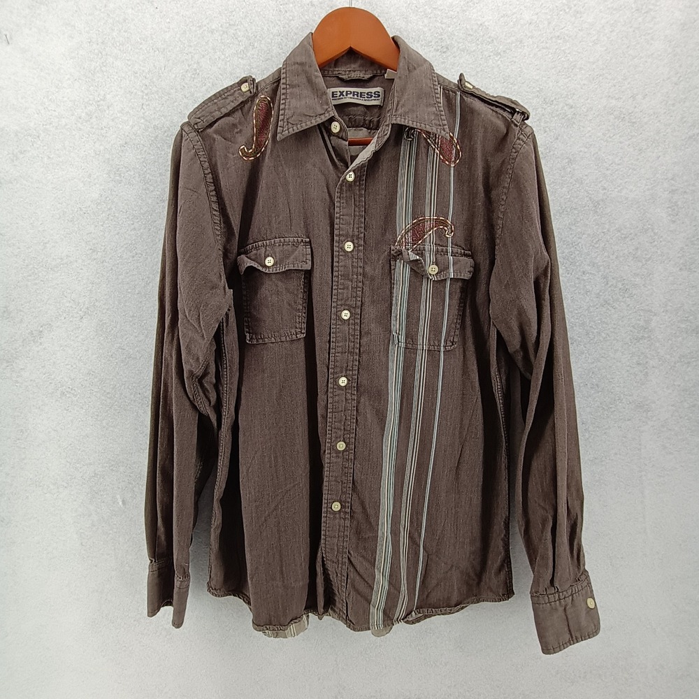 Express Mens Sz M Precision Fit Paisley Stripe Button Down Brown Cotton Shirt